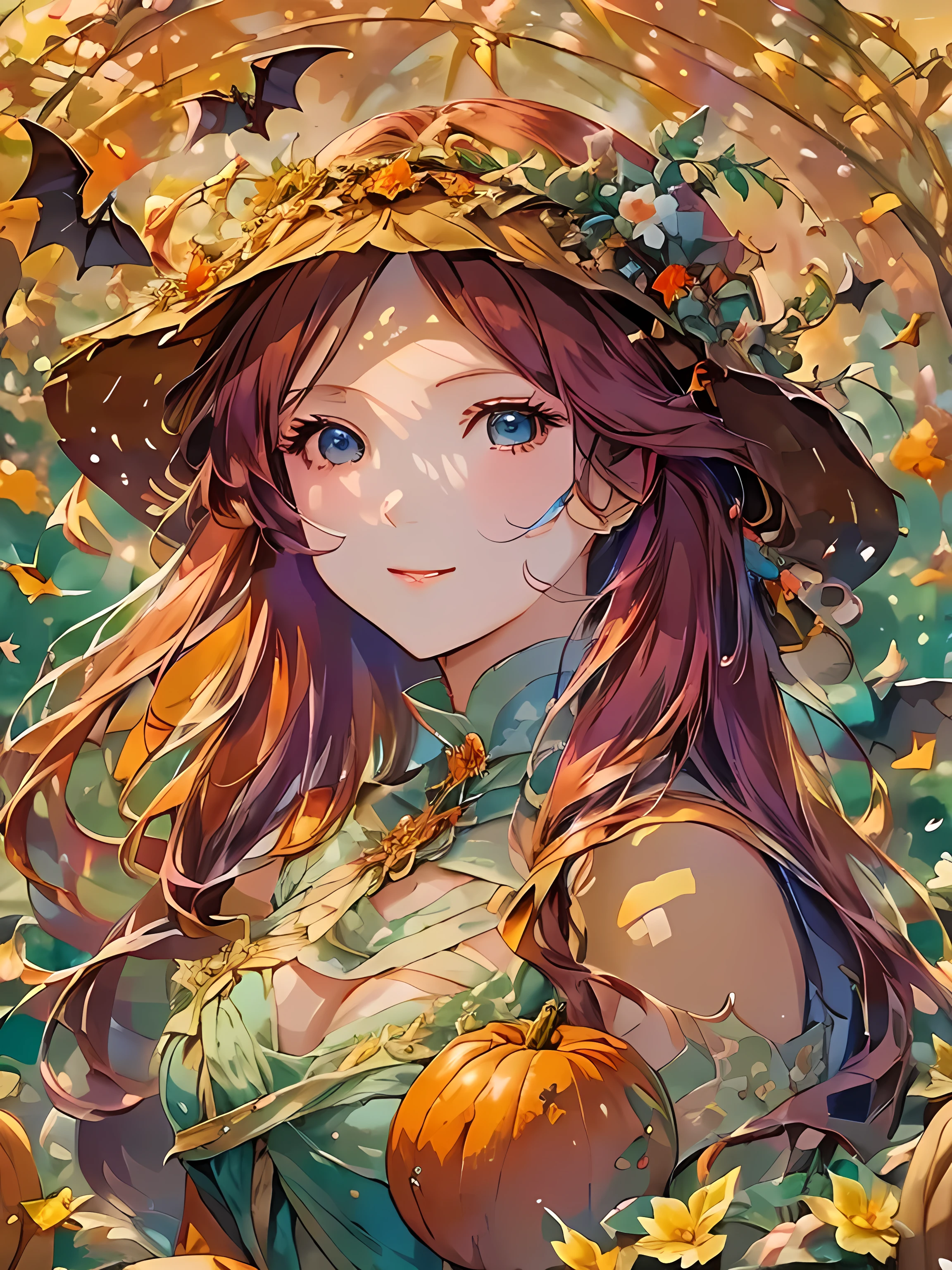 A long-faced girl with bright blue eyes, red long hair, and elegant Victorian witch attire, smiles under noon sunlight.  surrounded by pumpkins and bats. The scene is richly detailed, in a soft, luminous composition reminiscent of Alphonse Mucha, evoking vibrant colors and atmospheric depth, showcasing hyper-realism and fine textures.