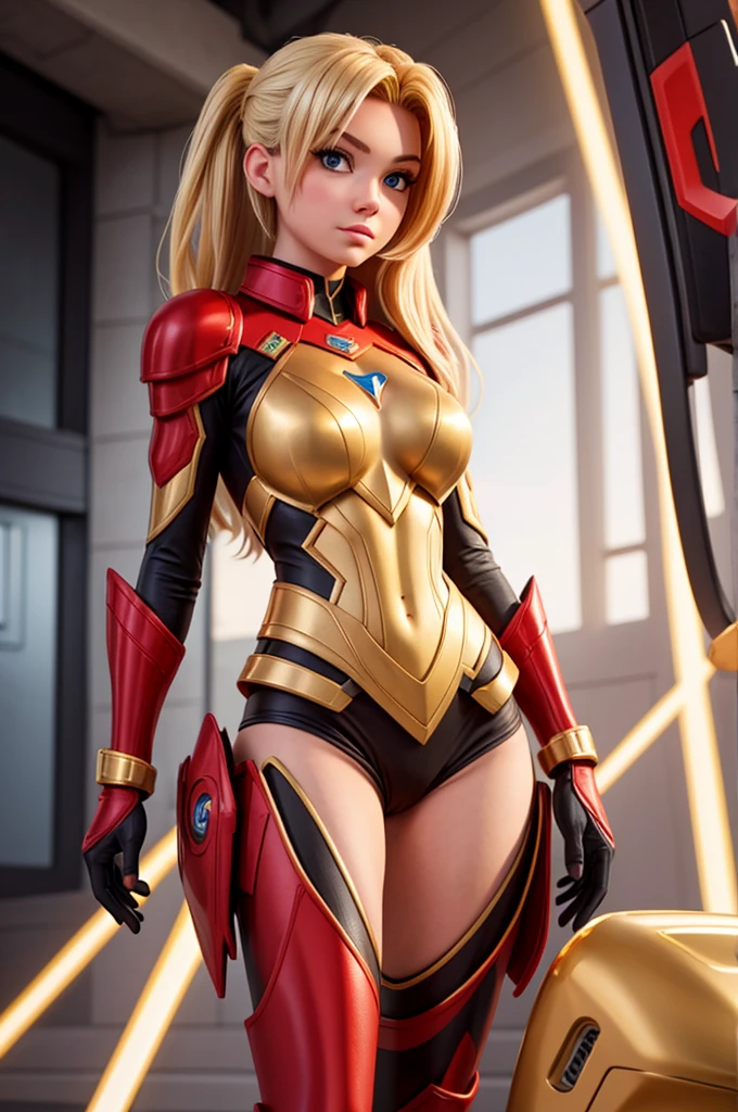 Blonde sexy girl , Wearing a sexy red and gold hero armor bikini,  electronic futuristic outfit 