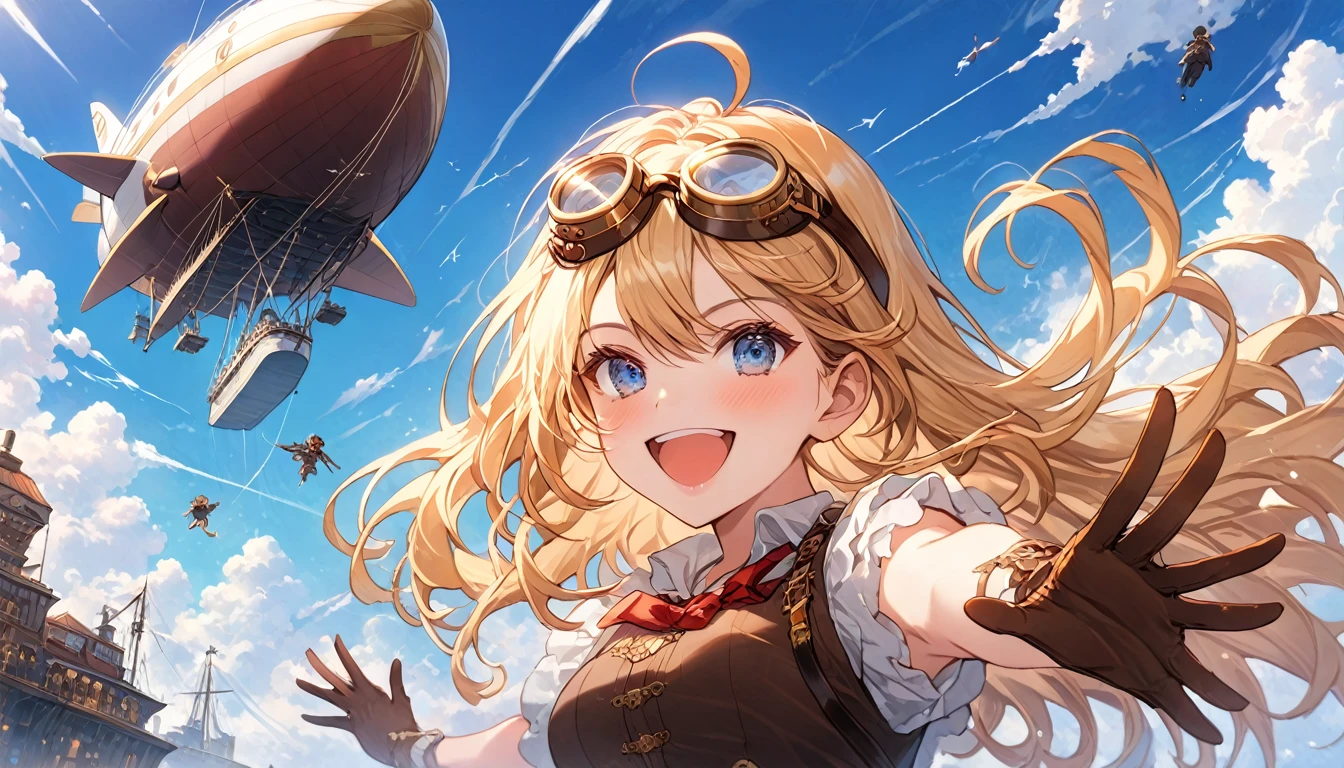  score_9_up,  score_9,  score_8_up,  score_7_up, sauce_Anime,masterpiece, Best Quality,  Kampala, extremely detailed CG,  absurd,  Kampala,  one girl playing pranks, Alone, a girl in goggles on head, A giant airship is flying in the sky with clouds in the background 、背景に雲のある空を飛んでいる, Clouds and blue_Background Sky, blonde, Gloves, goggles, Long Hair,  blue eyes , goggles on head, smile, Brown Gloves, arms, Steampunk, cowboy_shot