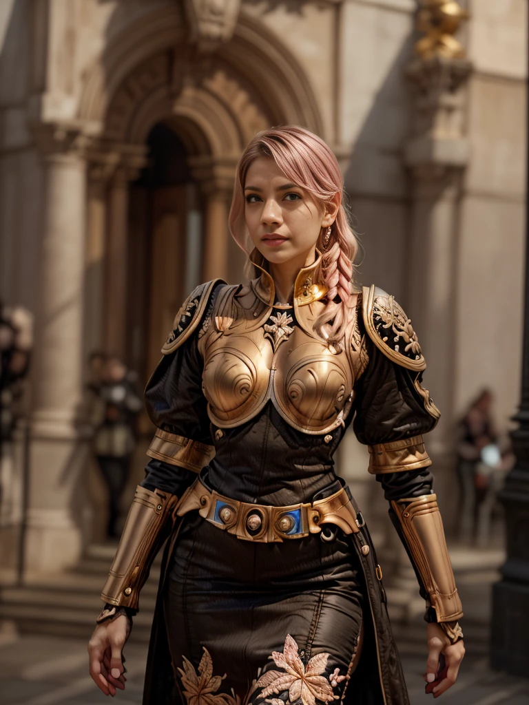 35 year old girl with pink hair, (8K, Best Quality:1.2), (masterpiece:1.37), (Photo, Photorealistic:1.37), (A high resolution), half body, Walking Pose, shot from front, slow motion, Female Paladin in Body Armor, (Half Armor), ((Gold and red accent armor:1,(Ornately decorated armor)), (Insanely detailed, bloom:1.5), (Highest Quality, Concept art, 4K), (analogue:1.2), (High Sharpness), (Detailed pupils:1.1), Detailed face and eyes, brown eyes, masterpiece, Best Quality, (extremely detailed photo:1.1), (Long pink Hair, Ponytail,Ecstatic:1.1), sharp, (normal body:1.1), Realistic, real shadow, 3D, (a temple background:1.2), photographed:Canon EOS R6, 135 mm, 1/1/2.8, ISO 400, (Face front).
