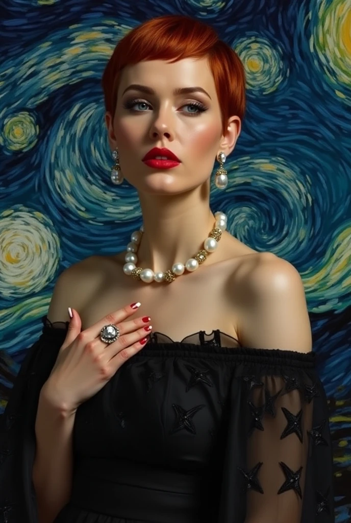 Natalie Portman, Oil painting, Renaissance, Leonardo da Vinci, model, modern style, modern clothing, pop star, cool, short hair red color pearl necklace, earrings, modern makeup, red lipstick, Starry night, dress with black stars, ring, defined strokes