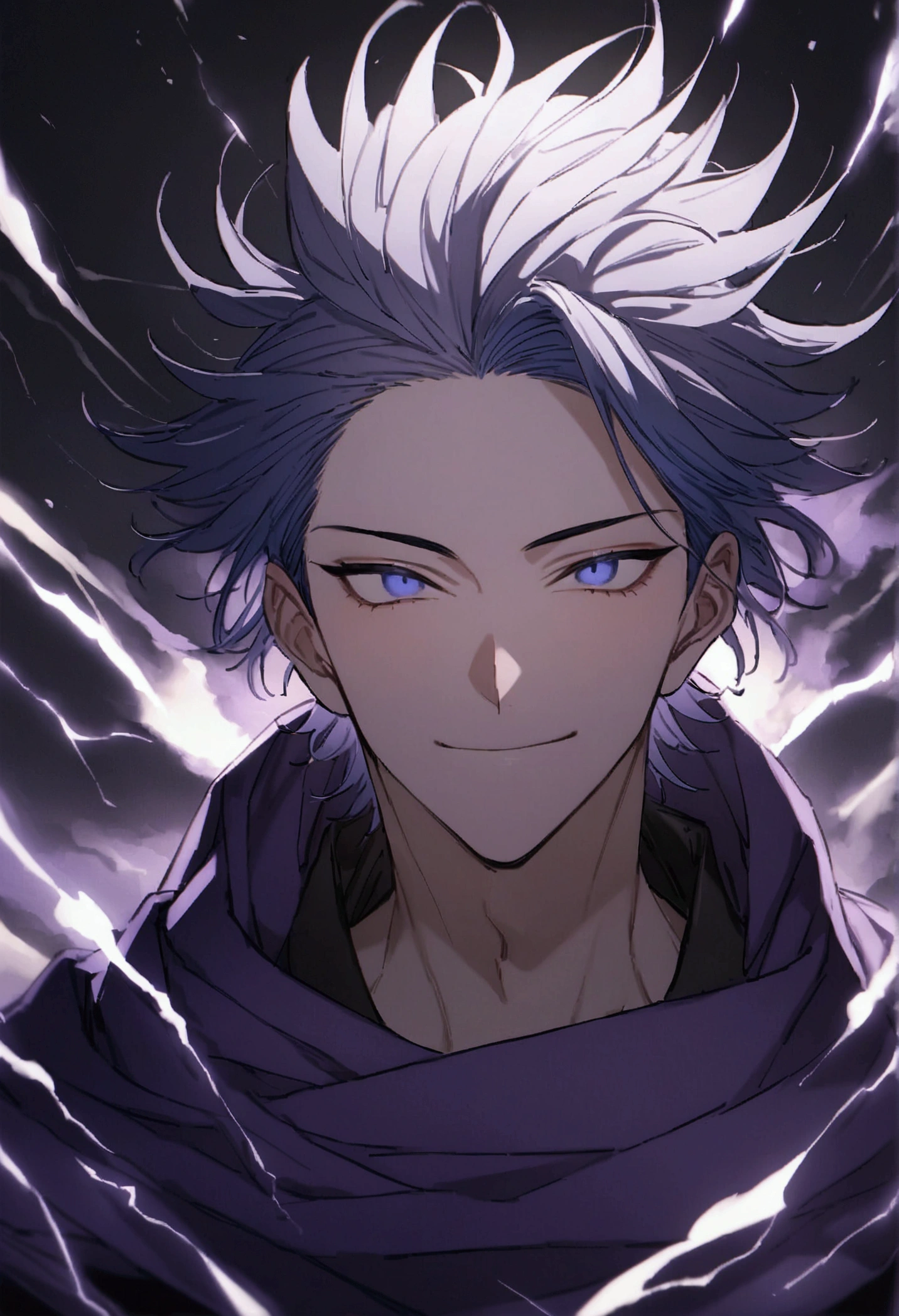 (masterpiece, 32k, 8k, image with ultra effects), background with several thunders and black clouds, human, 26 year old man, silver and spiky hair, electric blue eyes, confident smile on his face, purple blue cape, (image focused only on the character's face)