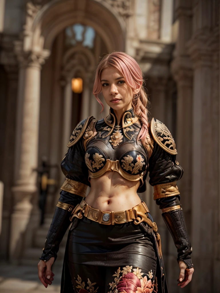 35 year old girl with pink hair, (8K, Best Quality:1.2), (masterpiece:1.37), (Photo, Photorealistic:1.37), (A high resolution), half body, Walking Pose, shot from front, slow motion, Female Paladin in Body Armor, (Half Armor), ((Gold and red accent armor:1,(Ornately decorated armor)), (Insanely detailed, bloom:1.5), (Highest Quality, Concept art, 4K), (analogue:1.2), (High Sharpness), (Detailed pupils:1.1), Detailed face and eyes, brown eyes, masterpiece, Best Quality, (extremely detailed photo:1.1), (Long pink Hair, Ponytail,Ecstatic:1.1), sharp, (normal body:1.1), Realistic, real shadow, 3D, (a temple background:1.2), photographed:Canon EOS R6, 135 mm, 1/1/2.8, ISO 400, (Face front).
