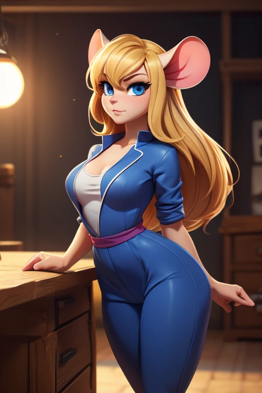 ((Ultra quality )), ((The masterpiece)), nut,  anthropomorphic mouse girl , Fuzzy, ((Blonde woman,  long hair)), beautiful cute face,  beautiful female lips ,  charming beauty , (( like expression on his face )),   looks seductively at the camera  , Slightly closed eyes, ((Skin tone: white)),  glare on the body , ((es ist ein Mause-Schwanz im  background)), ((  detailed beautiful female eyes  )), ((big blue eyes)),  beautiful women's hands , (( perfect female figure )),  ideal female body shapes , Beautiful waist, beautiful feet,  big thighs , Nice Butt, ((subtle and beautiful )),  standing seductively at the table , (( dark blue jumpsuit ,  with sexy neckline ))  background: workshop, (( Depth of field)), ((  high quality clear image  )), ((Clear Details)), ((  highly detailed)), realistic,  Professional Photoshoot , ((clear focus)), ((cartoon)), the anime, Not suitable for work