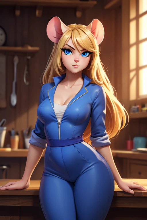 ((Ultra quality )), ((The masterpiece)), nut,  anthropomorphic mouse girl , Fuzzy, ((Blonde woman,  long hair)), beautiful cute face,  beautiful female lips ,  charming beauty , (( like expression on his face )),   looks seductively at the camera  , Slightly closed eyes, ((Skin tone: white)),  glare on the body , ((es ist ein Mause-Schwanz im  background)), ((  detailed beautiful female eyes  )), ((big blue eyes)),  beautiful women's hands , (( perfect female figure )),  ideal female body shapes , Beautiful waist, beautiful feet,  big thighs , Nice Butt, ((subtle and beautiful )),  standing seductively at the table , (( dark blue jumpsuit ,  with sexy neckline ))  background: workshop, (( Depth of field)), ((  high quality clear image  )), ((Clear Details)), ((  highly detailed)), realistic,  Professional Photoshoot , ((clear focus)), ((cartoon)), the anime, Not suitable for work