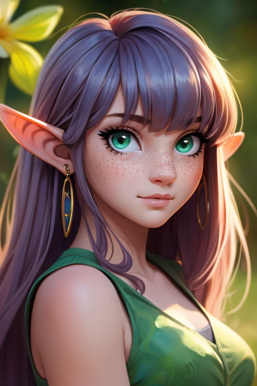 ( aquarell: 1.2), Elf Princess, Blume,  freckles, bangs,  rothaarig ,  long hair, green eyes,  hair between the eyes, Blume earrings,  blurred background ,   High resolution    