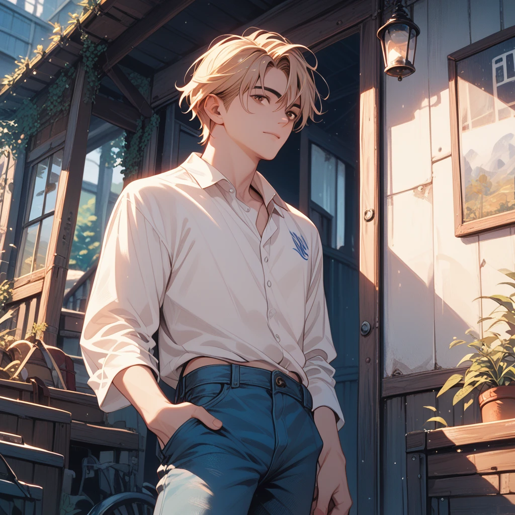 1man with short blonde hair, brown eyes, white shirt with blue stripes, dark blue jeans, standing in front of a attic backdrop in studio ghibli style
