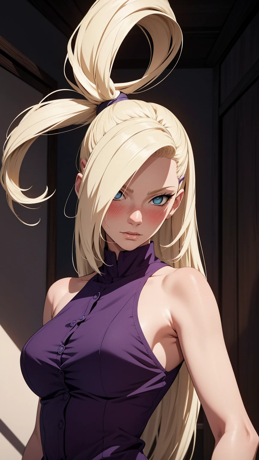 {-erro_de_anatomia:1.0} estilo anime, Masterpiece, absurdities, Yamanaka Ino\(Naruto\), 1girl Solo, woman, Perfect composition, Detailed lips, Beautiful face, body proportion, Blush, Long blonde hair, blue eyes, purple blouse, purple pant, Soft gauze, Super realistic, Detailed, photo shoot, Realistic faces and bodies, masterpiece, best quality, best illustration, hyper detailed, 1 woman, solo, glamorous, blushing, upper body, fighting, on nature, look at the view, dimanic poses,