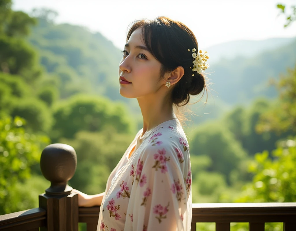 A stunning, photo-realistic portrait of an East-Asian woman, approximately 24 years old, standing on a wooden terrace in a serene forest setting. Her hair is styled in an elegant updo with loose strands framing her face, adorned with small, delicate floral ornaments, giving a natural and graceful appearance. She wears a soft, floral-patterned blouse that flows gracefully over her shoulders, with gentle pastel colors that complement the tranquil ambiance of the scene. The sunlight softly illuminates her face and upper body, casting subtle highlights on her skin and hair, and creating a gentle glow that enhances her delicate features.

The background showcases a lush, green forest bathed in soft morning light, with layers of foliage and leaves in various shades of green, creating a peaceful and secluded atmosphere. The distant hills and sky appear softly blurred, giving a sense of depth and immersion into nature. Sunlight filters through the trees, adding patches of light and shadow to the environment, with subtle light particles floating in the air, enhancing the serene, dreamlike quality of the scene.

The woman's expression is calm and slightly contemplative, with her gaze directed toward the horizon, evoking a sense of introspection and tranquility. Her posture is relaxed, with her arms gently resting on the terrace railing, embodying a moment of peaceful reflection in nature. The image is styled to capture a realistic yet slightly ethereal feel, with delicate details on the floral patterns of her blouse, the texture of the wooden terrace, and the fine balance between light and shadow that brings the scene to life.