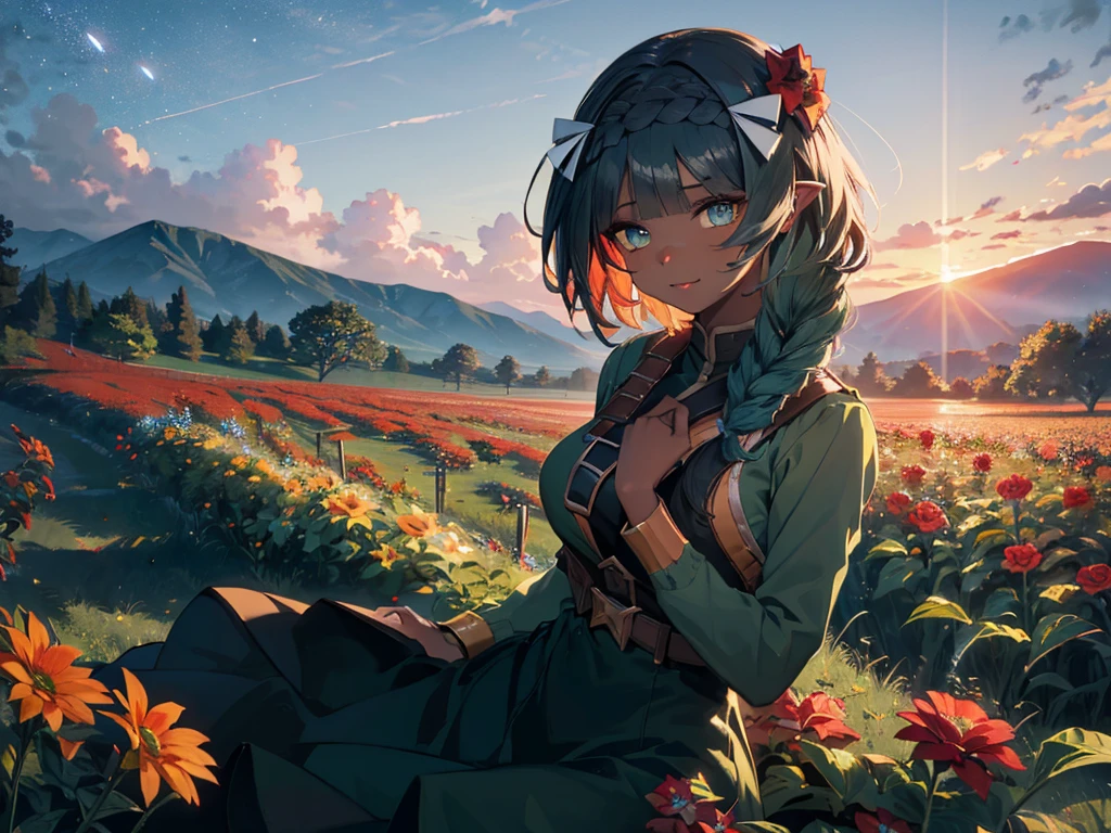 (Solo:1.5), (独り:1.5), Anime, Imp Female, (Dark Green Skin:1.5), (Long Sleeve Dress), (Light Green Hair, Curly Wavy Hair, Long Hair, Green Eyes), (Red Flower Hair Ornament:1.5), Large Breasts, Lipstick Makeup, Eyeshadow Makeup, Pointed Ears, Bared Fangs, Starry Sky, Night Sky, Strong Wind, From the Chest Up, UHD, Masterpiece, Correct Answer, Ultra Detailed, High Detailed, Award-winning, Best Quality, High Resolution, 8k, (Red Flower Field), (Prone),