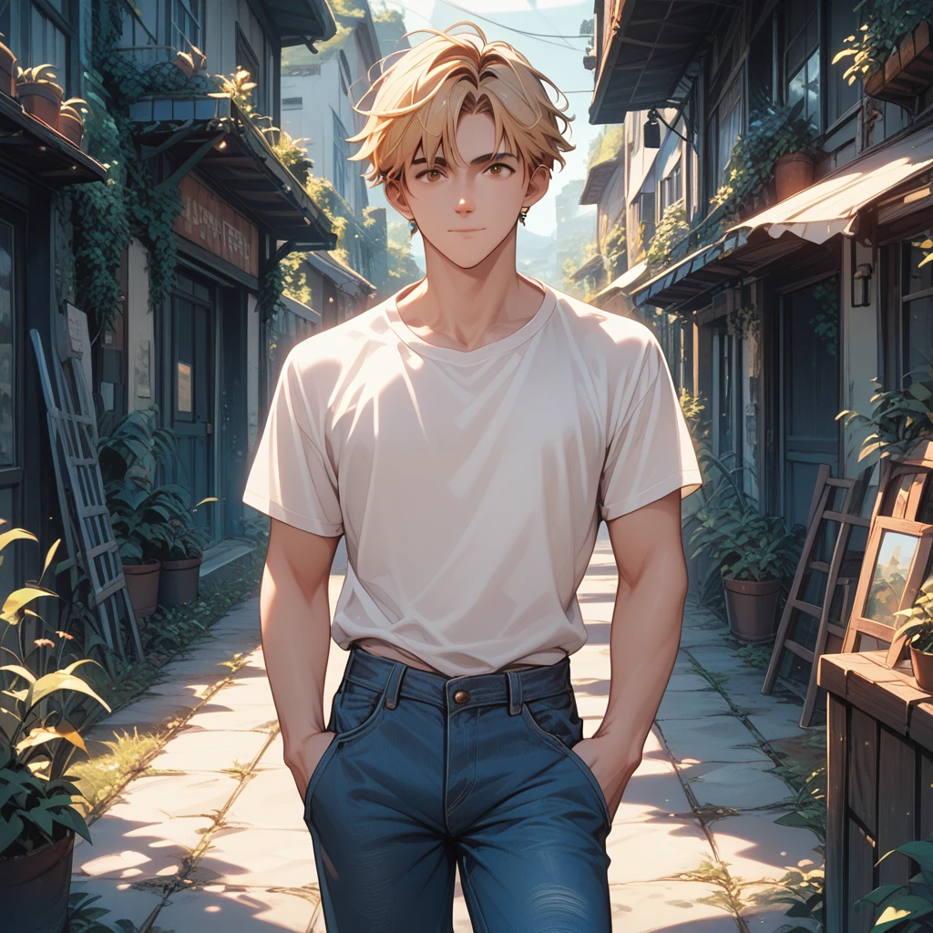 1man handsome with short blonde hair, brown eyes, white shirt with blue stripes, dark blue jeans, standing in front of a attic backdrop in studio ghibli style
