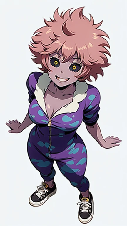 A woman wearing a bunny onesie, sneakers, happy, looking at viewer, full body, standing pose, masterpiece, best quality, (viewed from above:1.5), (simple white background), lineart, anime style, ashidomina, short hair, (colored sclera:1.1), (black sclera:1.2), pink skin
