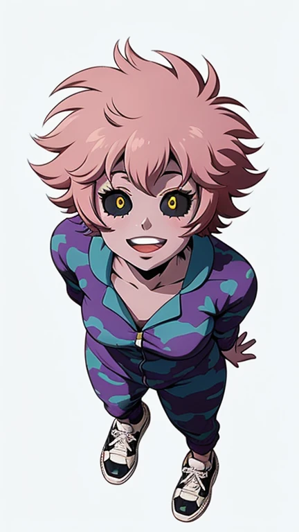 A woman wearing a bunny onesie, sneakers, happy, looking at viewer, full body, standing pose, masterpiece, best quality, (viewed from above:1.5), (simple white background), lineart, anime style, ashidomina, short hair, (colored sclera:1.1), (black sclera:1.2), pink skin
