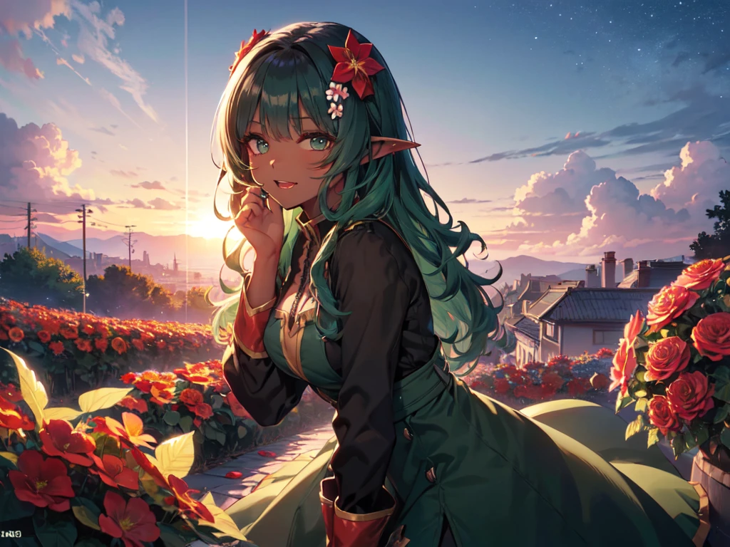 (alone:1.5)、(One person:1.5)、anime、Goblin female、(Dark green skin:1.5)、(Long sleeve dress)、(Light green hair, curly wavy hair, long hair, green eyes)、Leave the pose to the AI、(Red flower hair ornament:1.5)、Big Breasts、Lipstick Makeup、Eyeshadow Makeup、Pointed Ears、Bared Fangs、Muscular、Bloody、Starry Sky、Night Sky、Strong winds、Kneeling and leaning forward、From the chest up、UHD、masterpiece、correct answer、Super detailed、high detail、award、Best Quality、High resolution、8k、(Red flower garden),(Sleeping on your side)