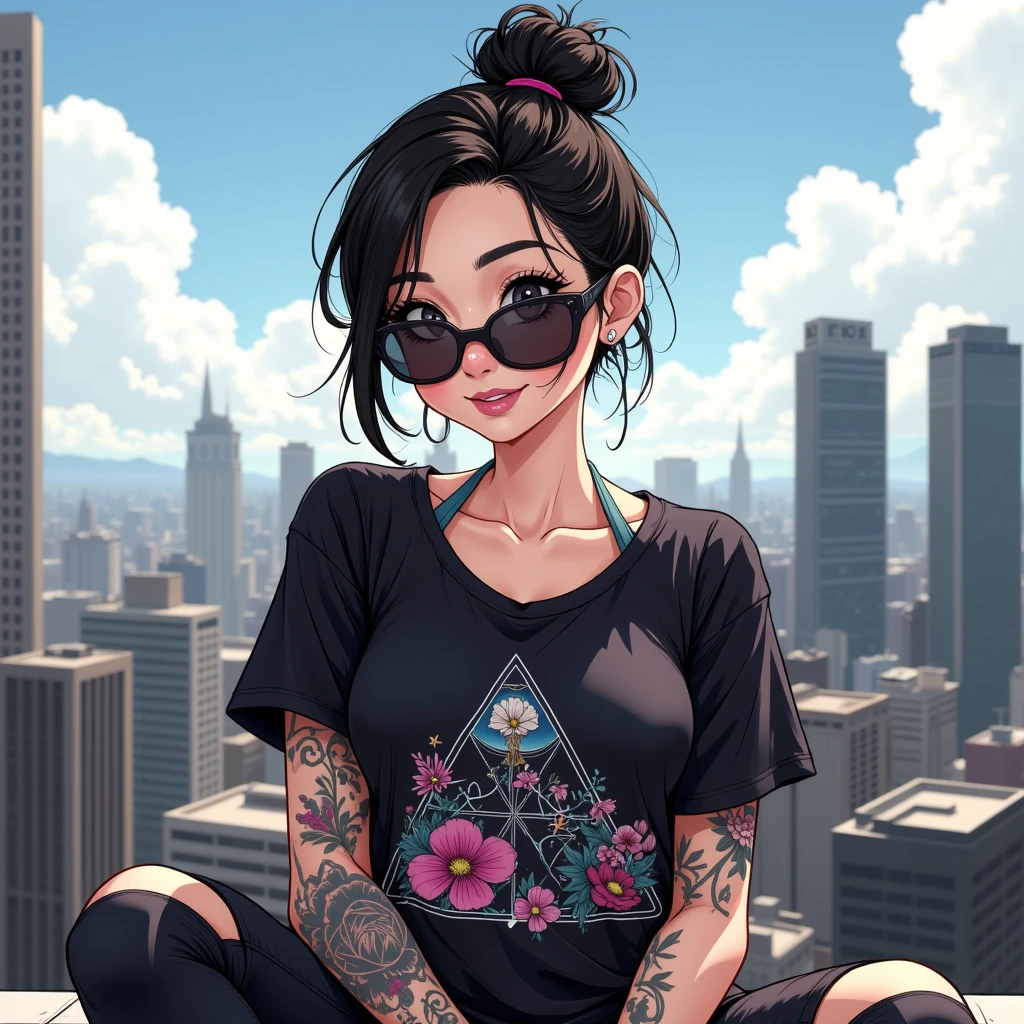 a woman, with dark sunglasses. sitting, smiling, on top of a building. hair tied up, black hair, lip piercing, purple lipstick, freckles on the face. floral tattoos all over the body.  urban clothes, cocoon. t-shirt with a printed pyramid, Golden Ratio, Animation Details, Beautifully, QuixelMegascans Trends, Perfect Image, Ultra High Resolution, Perfect Composition, Detailed, Super Color, (High Detail Skin: 1.2), 8K Ultra HD, , Soft Light, High Quality , film grain,


