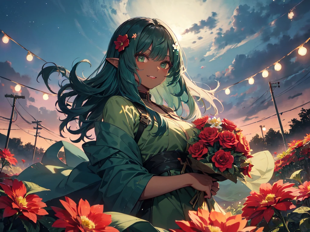 (alone:1.5)、(One person:1.5)、anime、Goblin female、(Dark green skin:1.5)、(Long sleeve dress)、(Light green hair, curly wavy hair, long hair, green eyes)、(Red flower hair ornament:1.5)、Big Breasts、Lipstick Makeup、Eyeshadow Makeup、Pointed Ears、Bared Fangs、Muscular、Bloody、Starry Sky、Night Sky、Strong winds、From the chest up、UHD、masterpiece、correct answer、Super detailed、high detail、award、Best Quality、High resolution、8k、(Red flower garden), (Lying on your back),