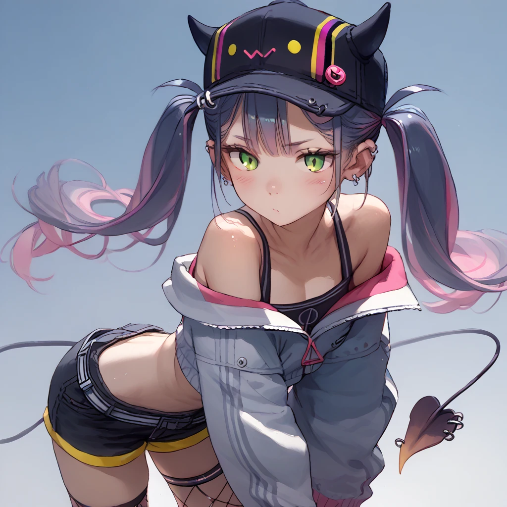 towa_base, twintails, two-tone jacket, closed jacket, cropped jacket, off shoulder, black crop top, black short shorts, fishnet thighhighs, single thighhigh, baseball cap, demon tail, piercings