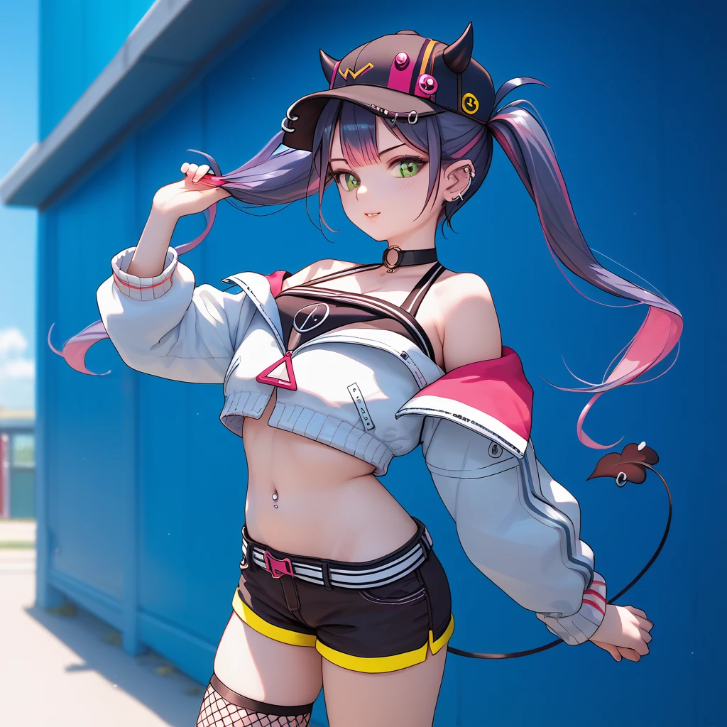 towa_base, twintails, two-tone jacket, closed jacket, cropped jacket, off shoulder, black crop top, black short shorts, fishnet thighhighs, single thighhigh, baseball cap, demon tail, piercings