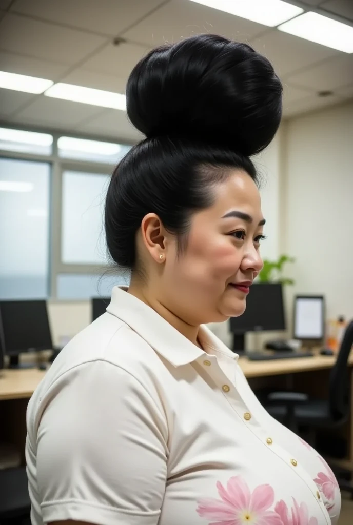 8k,Highest quality, masterpiece, Ultra-high resolution,(masterpiece:1.6, Highest quality), Intricate details, full body, from behind:1.5,top of head, japanese milf, 50 year old,((A gigantic hair bun, A huge hair bun:1.5)), ((jet Black hair)), ((forehead:1.5)), Tortoiseshell hair clip,（Extremely obese:1.1),  back view of a mature woman with a huge hair bun,barefoot,(Office break room)