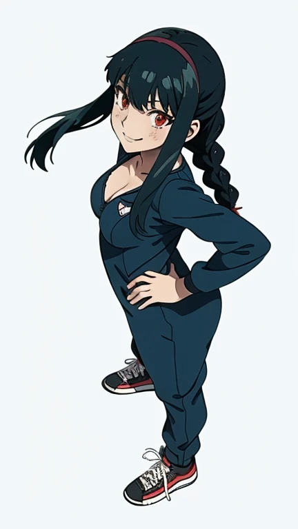 A woman wearing a black bunny onesie, sneakers, happy, looking at viewer, full body, standing pose, masterpiece, best quality, (viewed from above:1.5), (simple white background), lineart, anime style, aayorf, red eyes
