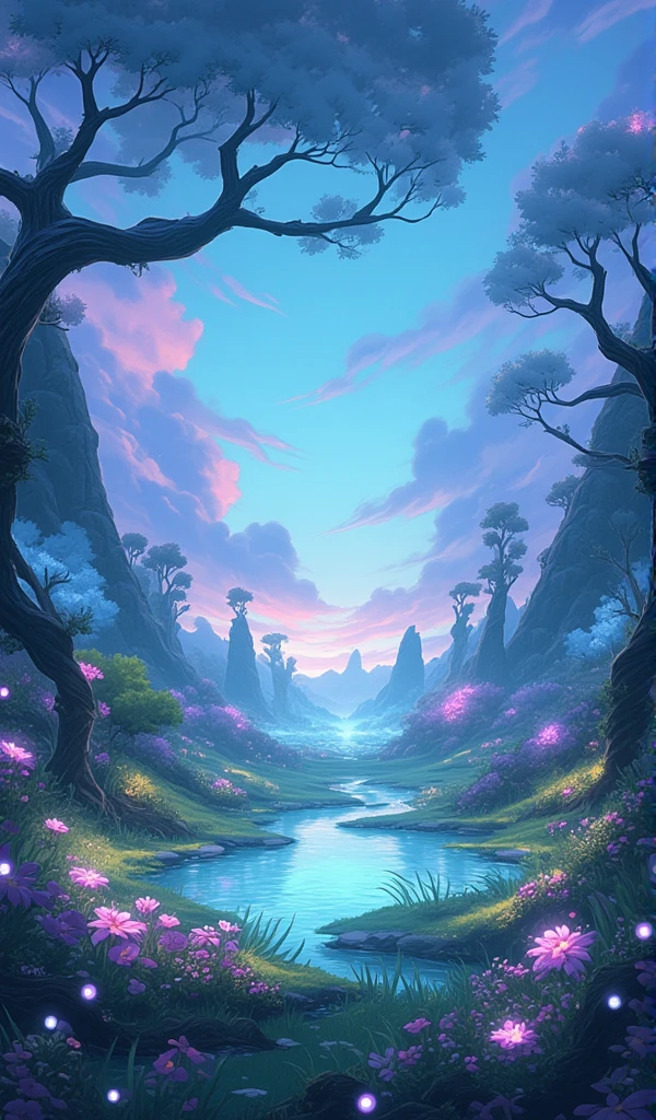 ANIME STYLE:
**Prompt:**  A vast meadow covered with soft green grass ,  dotted with bioluminescent flowers that emit a subtle and ethereal glow in shades of blue and purple,  giving the scene a magical and surreal atmosphere .  In the center of the prairie ,  a crystalline lake reflects the sky and the clouds ,  with calm waters that glow when receiving the light of the surrounding flowers . sparse trees,  with twisted trunks and foliage that varies between shades of green and silver , adorn the place , adding a sense of depth and mystery. IN THE SKY,  large and dense clouds float under a deep blue background ,  each with soft contours that seem to fall apart in a diffusing stamble effect ,  as if they were brushed on a painting .
Stamble diffuser . 
Ultra Detailed.