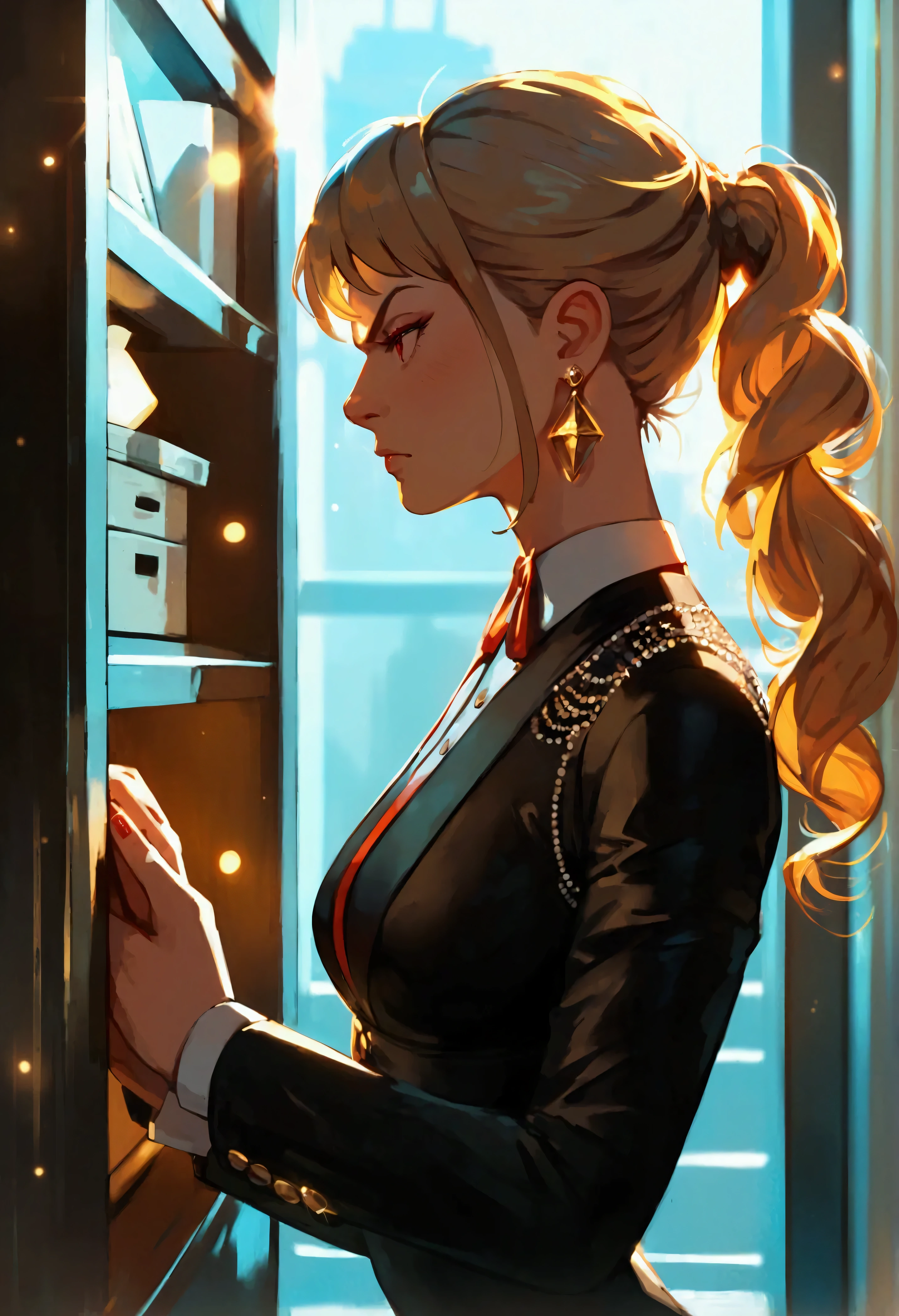 score_9, score_8_up, score_7_up, a woman spy, breaking into a safebox, wearing an intricate elegant leotard, black leotard, blond hair, dynamic hair style, sexy dress, in a elegant, high class office, 16K, ultra detailed, masterpiece, best quality, (extremely detailed), arafed, action shot, background, Wide-Angle, Ultra-Wide Angle, 16k, highres, best quality, high details, determined face, god rays, cinematic lighting, glowing light, silhouette, from outside, photorealism,