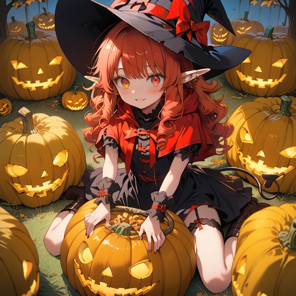 ( Kampala,,)（garden）（Full body view） 1girl(( characters: Red Hood  ) (Red Hair,Curly hair、Elf Ears、（ devil's tail ）、Sunburn:2.5、)（ gothic dress,Witch Hat, garter belt, short boots,） ( sits on top of a giant jack-o-lantern）((holding　Jack o lantern))