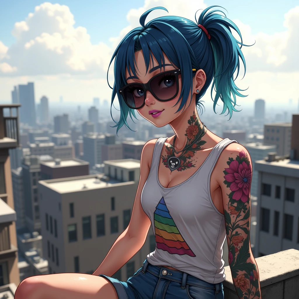 a woman, with dark sunglasses. sitting, smiling, on top of a building. hair tied up, blue hair, lip piercing, purple lipstick, freckles on the face. floral tattoos all over the body.  urban clothes, cocoon. t-shirt with a printed pyramid, Golden Ratio, Animation Details, Beautifully, QuixelMegascans Trends, Perfect Image, Ultra High Resolution, Perfect Composition, Detailed, Super Color, (High Detail Skin: 1.2), 8K Ultra HD, , Soft Light, High Quality , film grain,


