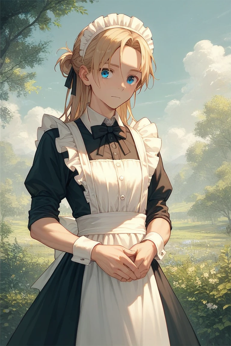 ((masterpiece)), ((Best Quality)), (( Kampala)), ((Detailed biography)), ((  Highly Detailed CG Unity 8K Wallpaper)), Alone, Shiona,  blond hair, Long Hair,  blue eyes , Hair bundle,  cowboy shot of a man,   outdoor , (( maid clothes))