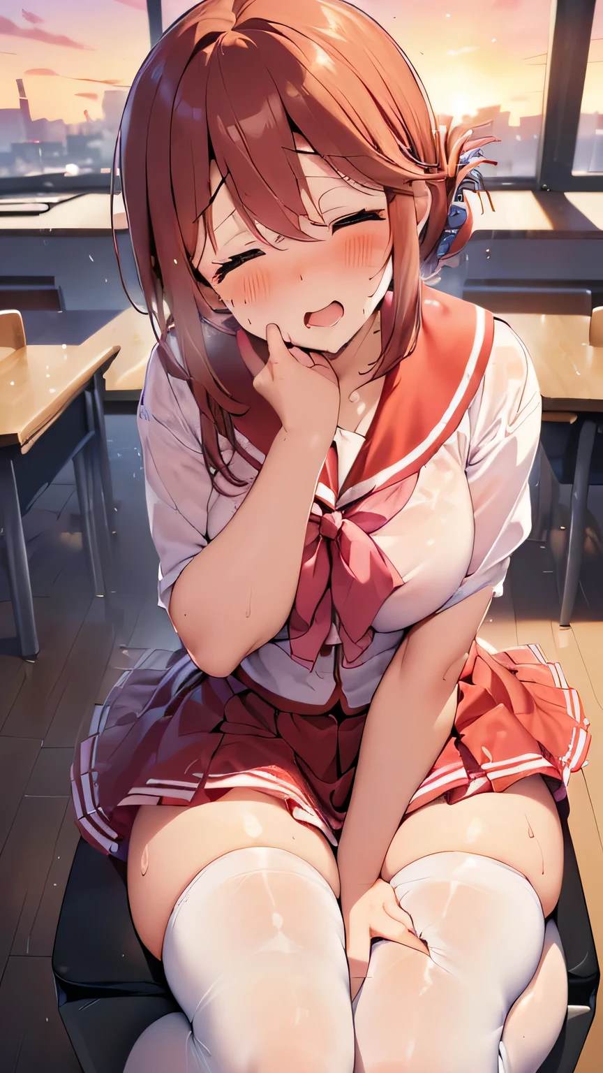 ultra-detailed、(8k, RAW photo, best quality, masterpiece:1.2), (extremely detailed 8k wallpaper),professional lighting,sharp focus, depth of field,(manaka komaki),((high school girl)),(((Classroom dyed red in the sunset))),(((uniform、 White Knee High Socks))),((foot focused、 with liquid、Looking down at the viewer)),(Mole on mouth),(((Short side tail)))、(((beautiful eyes、half closed eye))),((((painful、blush、 close eyes、orgasm、 sexy))))、(( sit on a chair、Beautiful legs、 open legs、Hide your crotch with a skirt)),(((Tilt your face、Invite)))、(((Heavy sweating)))、((Dynamic Range))