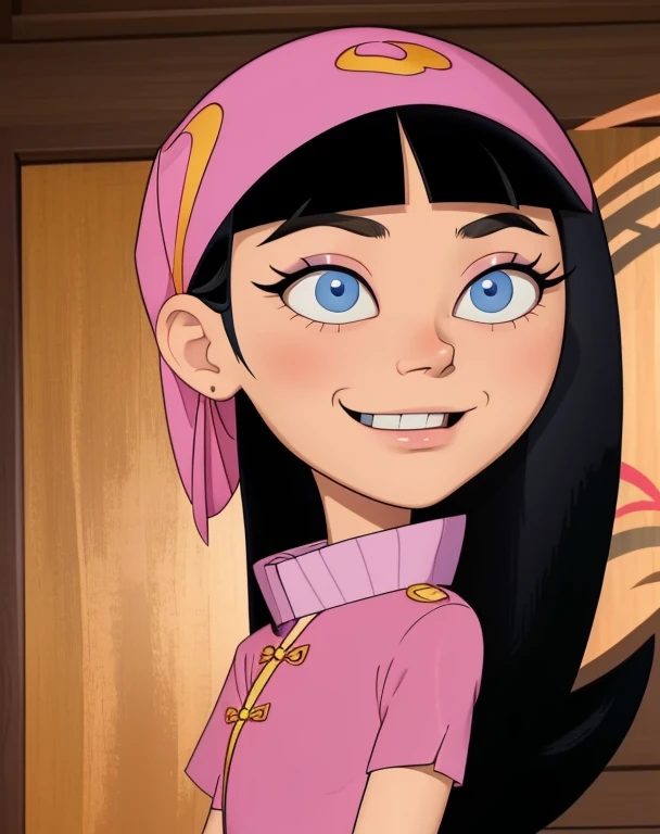 trixie tang,
long black hair girl,straight hime cut,pink headband,
blue eyes,big eyes,chinese,fair skin,snub nose,delicate mouth and jaw,
petite,very thin,skinny,
masterpiece, best quality, HDR,
wooden cabin background,
pink cheongsam,smug smile,
