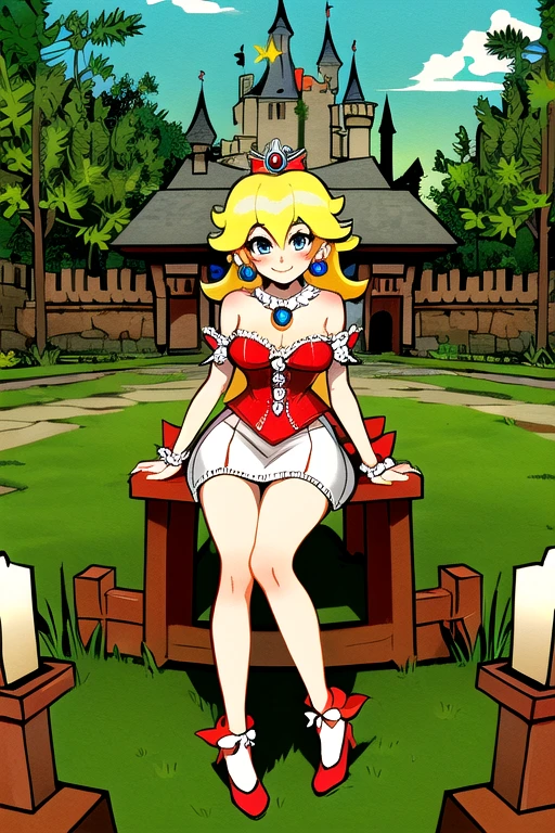 masterpiece, ultra-detailed, best quality, illustration, 8k cg wallpaper, an extremely delicate and beautiful, 1girl, Princess Peach /(Super Mario Bros/), solo, perfect anatomy, smiling, blushing, perfect arms, perfect hands, perfect fingers, perfect legs, cute, pretty, beautiful, sexy, perfect body, (background: castle courtyard, grass, trees, flowers, gate, intricately detailed items in background), 