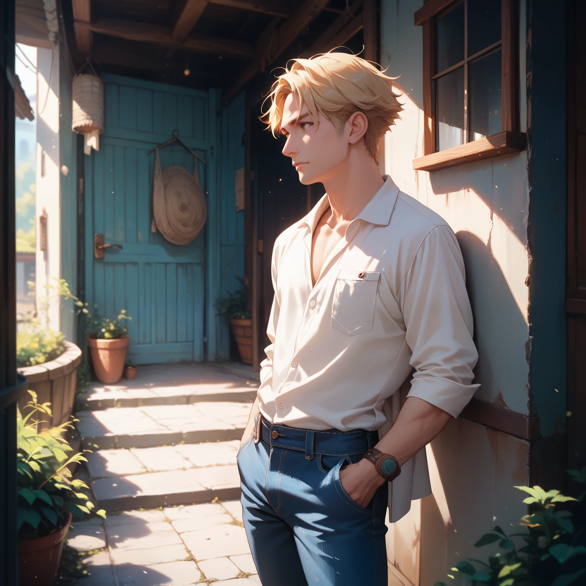 1man handsome with short blonde hair, brown eyes, white shirt with blue stripes, dark blue jeans, hands in his pocket, standing in front of a attic backdrop in studio ghibli style