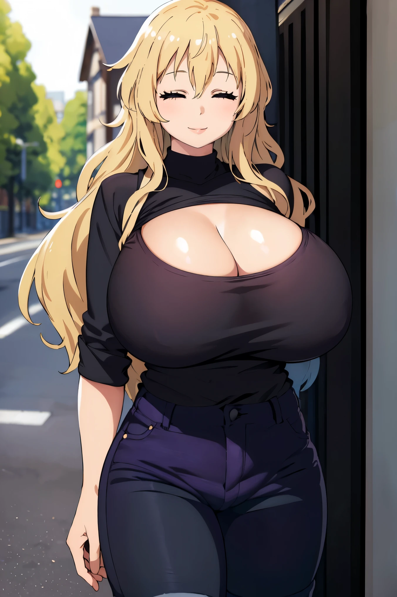 masterpiece, (huge tits), (((cleavage))), busty, thick, smile, ((( black shirt, short pants jeans))), (best quality), ((solo)), 1girl, blonde hair, long hair, purple eyes ,(photorealistic:1.1), 8k uhd, looking a viewer, outdoors, simple backround, smile, closed eyes, 