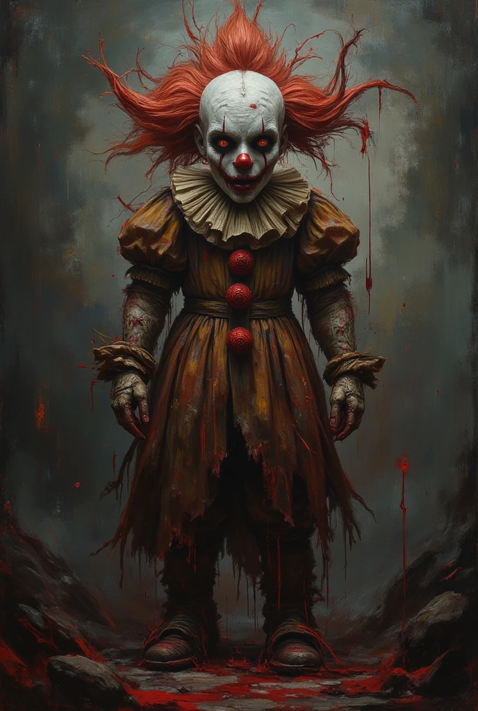 Splatterpunk. Terrifying maniac clown Art. Grotesque fantasy. Dark Ambient Dark Fantasy. Full length view. perfect eyes, perfect anatomy, best quality, relief, dark gothic, concept art, psychedelic, post-apocalyptic, sinister, oil painting, red and yellow drops, thin flowing lines, wax, long strokes, light gentle shadows, +
