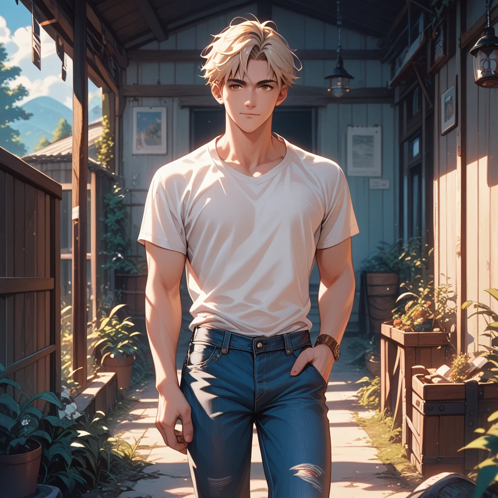 1man handsome adult with a toned body and with short blonde hair, brown eyes, white shirt with blue stripes, dark blue jeans, standing in front of a attic backdrop in studio ghibli style
