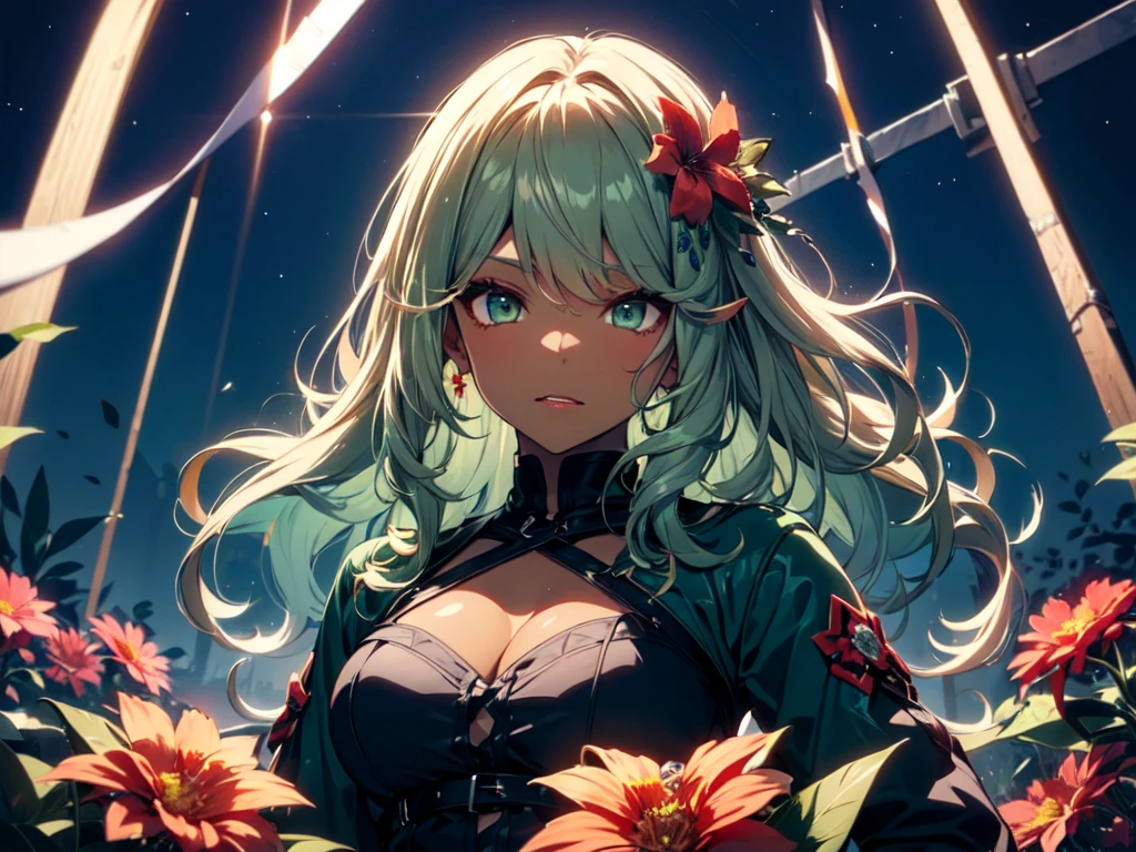 (alone:1.5)、(One person:1.5)、anime、Goblin female、(Dark green skin:1.5)、(Long sleeve dress)、(Light green hair, curly wavy hair, long hair, green eyes)、(Red flower hair ornament:1.5)、Big Breasts、Lipstick Makeup、Eyeshadow Makeup、Pointed Ears、Bared Fangs、Muscular、Bloody、Starry Sky、Night Sky、Strong winds、From the chest up、UHD、masterpiece、correct answer、Super detailed、high detail、award、Best Quality、High resolution、8k、(Red flower garden), (Lying on your back),