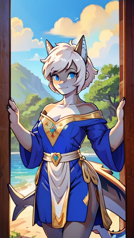 Woman, short white hair, blue eyes, shark like tail, wearing a native  skimpy royal dress