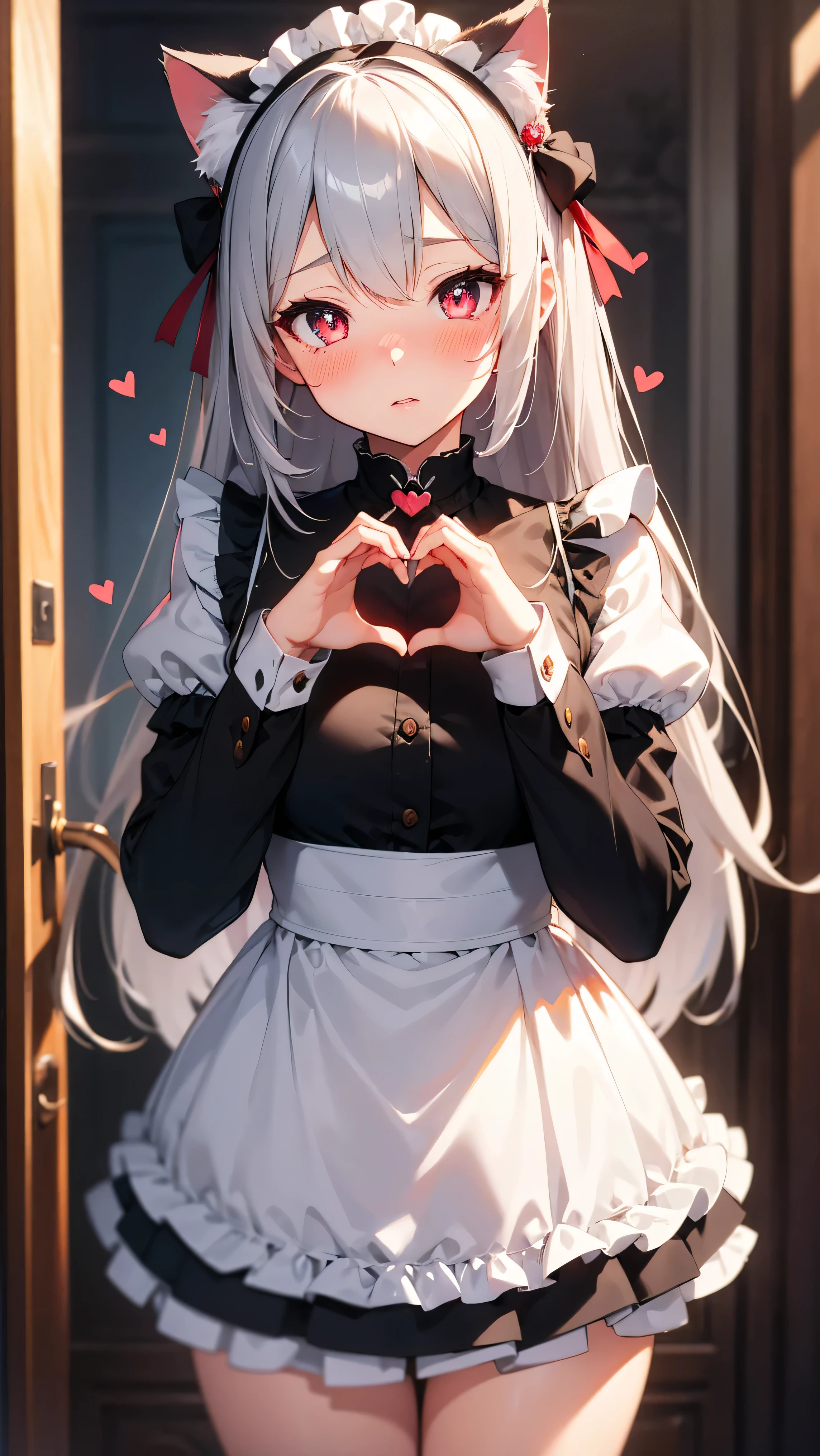 Front vie, (Heart Hands) super fine illustration, masterpiece, sharp focus, best quality, depth of field,ultra detailed,1girl, cat ears,maid,long hair,silver hair,hair between eyes,red eyes, detailed Lips, Naked thighs, embarrassed,blush, (Heart Hands), (heart-shaped_pupils),