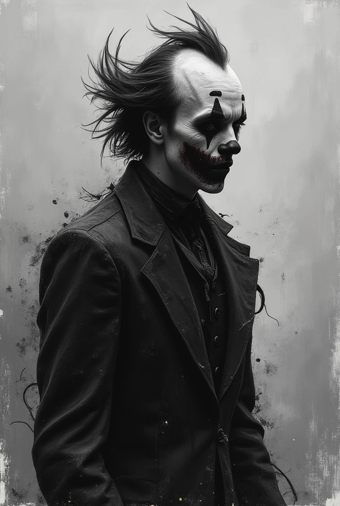 Splatterpunk. Horrifying maniac clown Art in a black and white suit. Grotesque fantasy, muted palette and dry brush technique, creating a feeling of hopelessness, desolation, despair, dirt, dark monochrome background. (Minimalism: 1). Ideal body anatomy.
