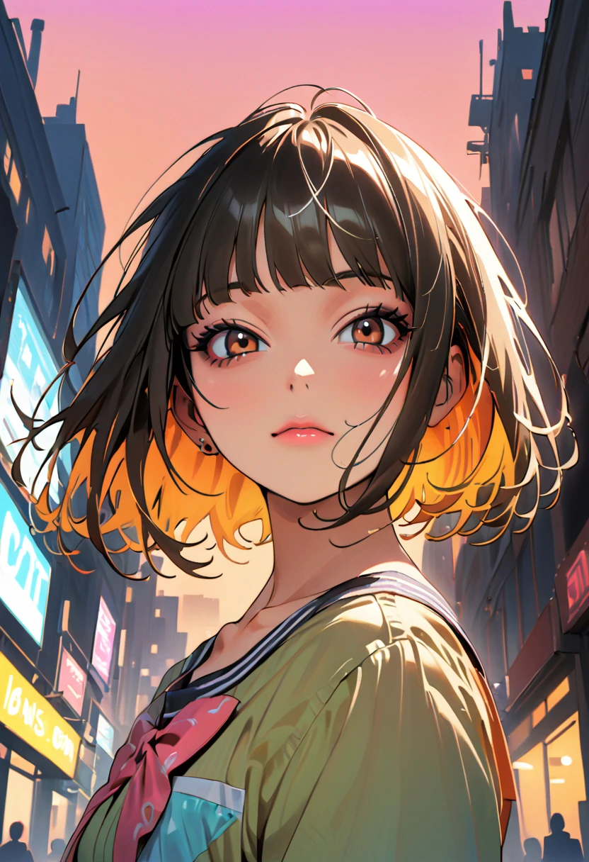 (Highest quality:1.2, City Pop Style, Very detailed, up to date, Vibrant, High Contrast, masterpiece:1.2, Highest quality, Best aesthetics), girl, ((Face Up Shot:1.4)), Colorful Hair, Bobcut, pastel colour, 1980s style, ((Retro, Vintage, Plain background))((HIMIKO TOGA))