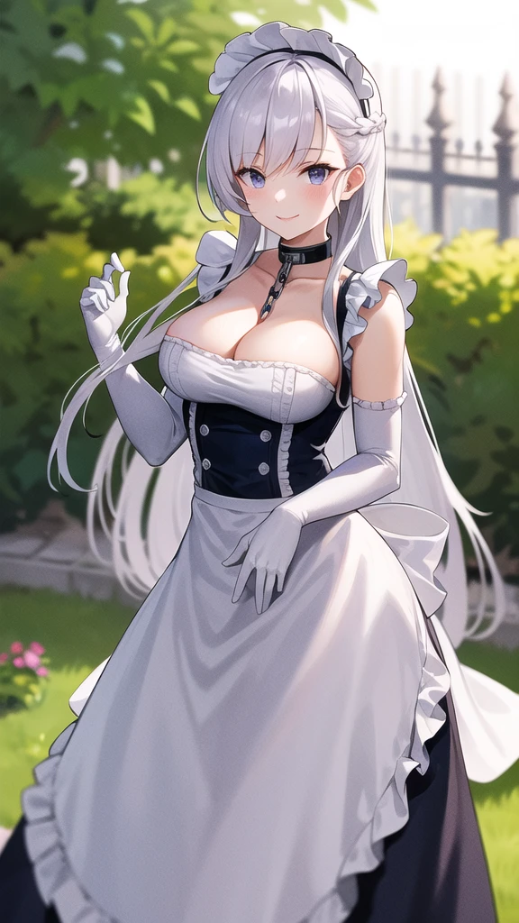 masterpiece, best quality, highres, aabelfast, long hair, french braid, maid headdress, collar, chain, collarbone, cleavage, frills, maid, sleeveless, elbow gloves, white gloves, white apron, cowboy shot, standing, garden, smile,