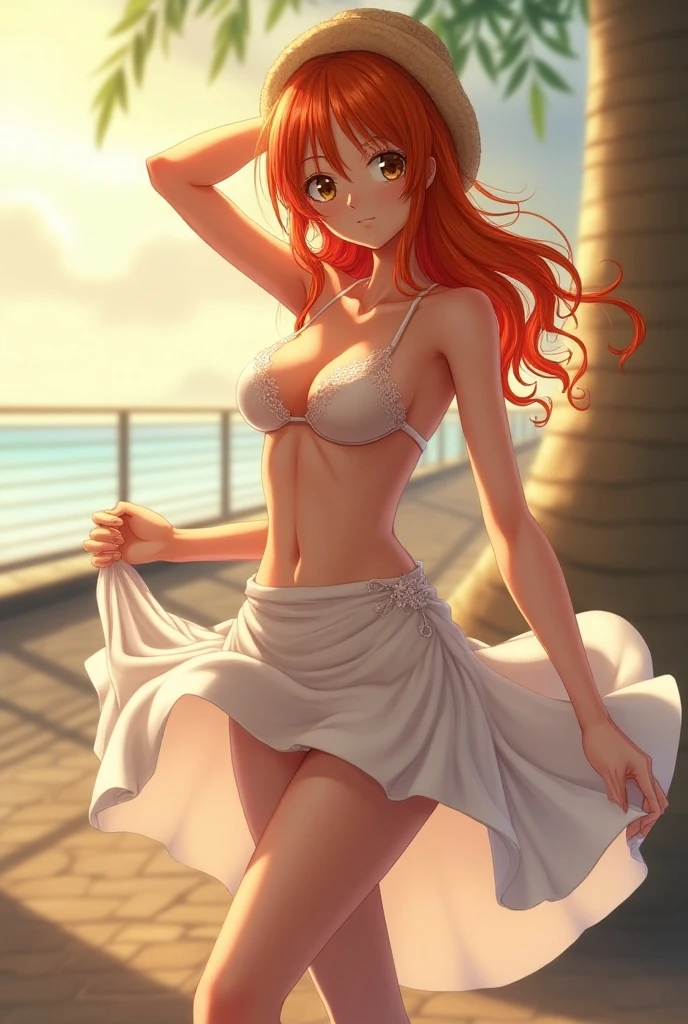 masterpiece, rich colors, Best quality, detailed, high resolution, Hyper quality, high detail, , high quality, detailing, skinny sexy girl on the beach , bright lighting , green eyes, Anime, palm trees, bright lighting, redhead,