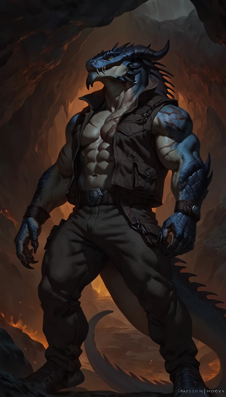 solo, lizard like dragonborn, blue tongued skink lizardfolk, black dragonborn, standing with arms behind, anthro dragon, scaly, dragonic, monster, mercenary, black scaly body, matte body, toned, muscular anthro, big muscles, big biceps, big horns, wearing vest and pants, detailed scales, scars on body, 1male solo, anthro, muscular, thick neck, thick tail, marked jaw, comicbook style, cave background, darkness, horror, best quality, 4k, ultra-detailed, by laobai, by taran fiddler, by honovy, by null-ghost, by thebigslick