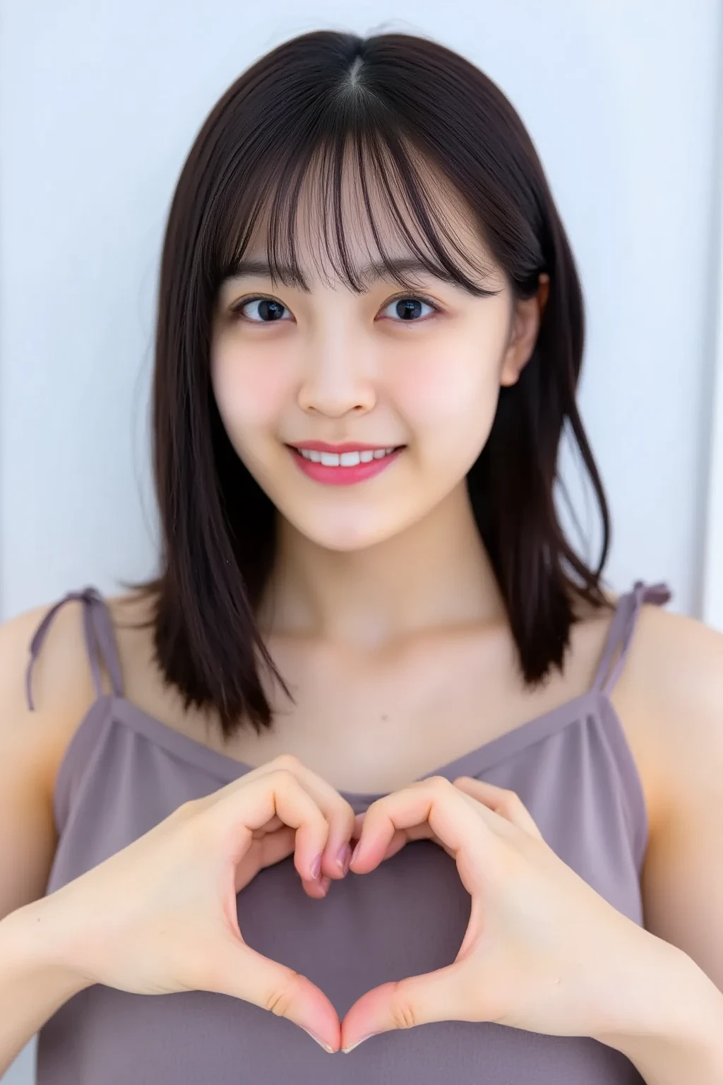 She is in a pose wearing a sexy camisole, making a firm big heart shape with both hands, and holding it in front of her chest, Cute smile up

