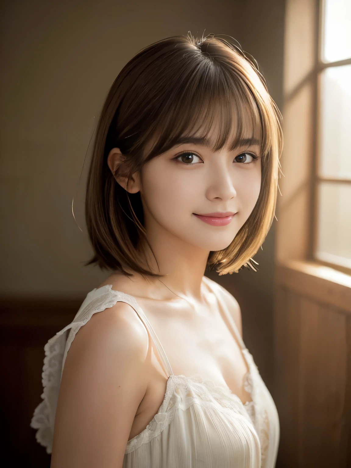 (highest quality,8K quality,masterpiece:1.3),(ultra high resolution,photorealistic:1.4,Live shooting),(Super detailed,caustics),(ultra-realistic capture,Beautifully detailed skin),19-year-old,beautiful Japanese, medium hair, messy hair, asymmetrical bangs, brown hair, Smiling and looking at the camera,soft light,A ray of light shining from above,Natural light,