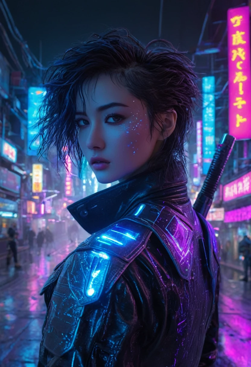 Depicts a cyberpunk hero that looks very realistic with a high level of detail. The character has a naturally textured face, with small streaks on the skin, and sharp, electronically glowing eyes, as if connected to the augmented reality world. She wears a shiny black leather jacket with blue and purple neon light accents that appear to be glowing, providing a dramatic contrast under the city lighting. Her hair is edgy, with a partially shaved cut on the side. Her arms appear to be partially cybernetic with textured metal that shows signs of wear and minor scratches, as if it had been used in battle. On his back, has a futuristic sword that glows a light blue light, with realistic handle details.