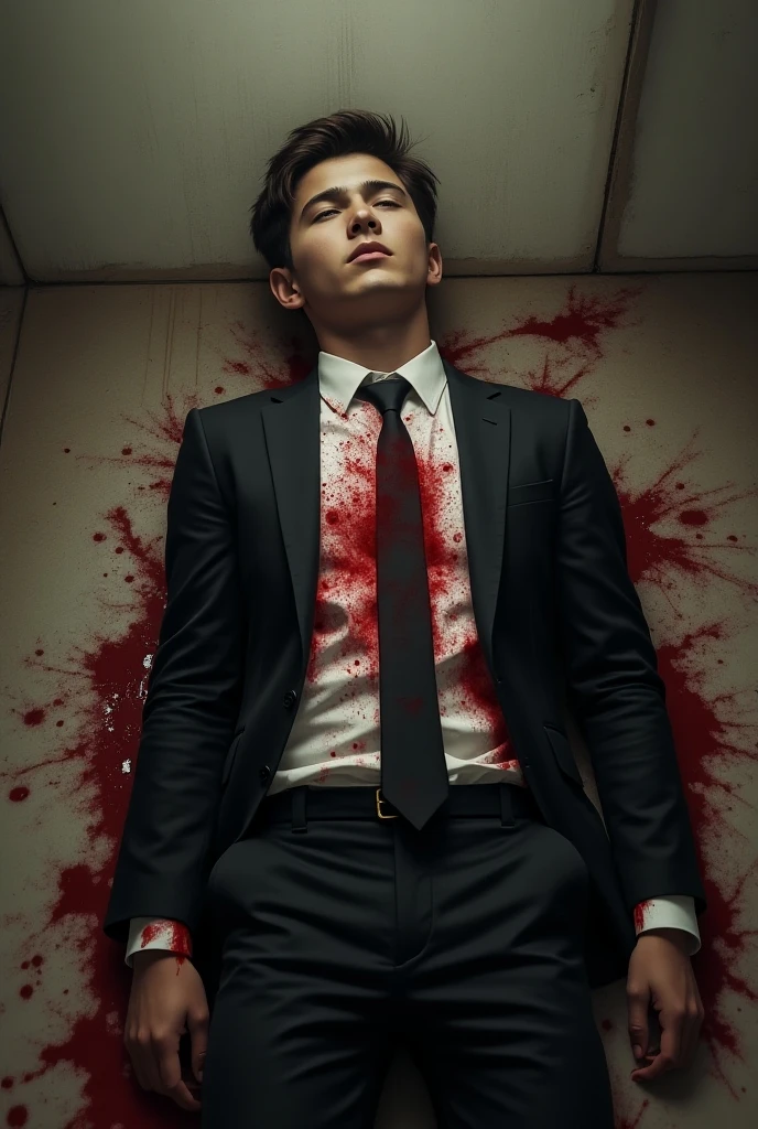 handsome teenage white japanese boy, brown hair, 1, secret agent, painful gunshot wound in stomach, fainting, holding gun, bleeding wound, pained and scared expression, blood on floor, bloody white suit, covering wound with suit, holding wound with bloody hand, trail of blood, massive bleeding, detailed facial features, highly realistic, cinematic lighting, dramatic shadows, muted color palette, dramatic composition