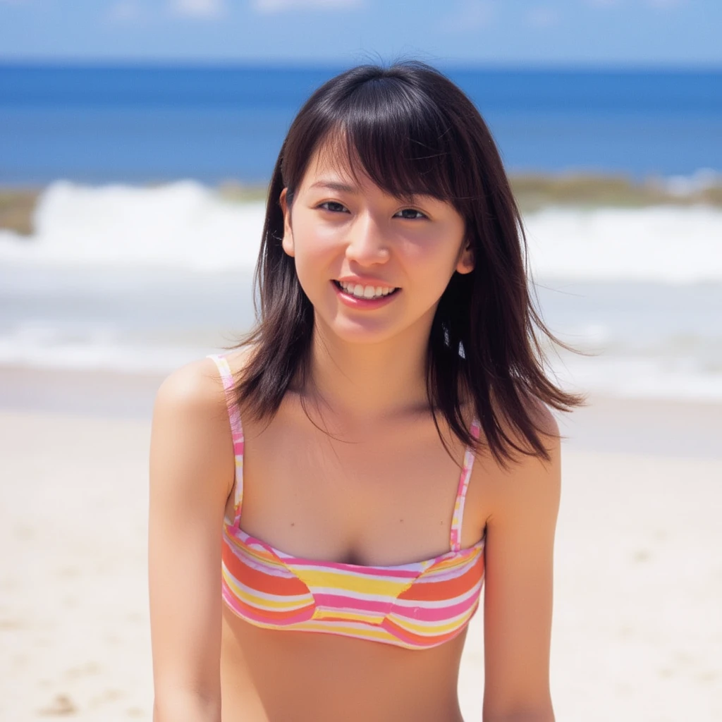 The image is so detailed and incredibly high resolution that it gives the illusion of reality. A portrait of an adult Japanese woman, captured with a DSLR camera, her face perfectly in focus. She is a stunningly beautiful and charming woman, not animated but a real-life person, radiating warmth with her gentle smile as she gazes directly at the viewer. Her skin is fair and smooth, showcasing a healthy glow. The lighting is soft and flattering, enhancing her delicate features, including her bright eyes and perfectly styled long black hair that frames her face beautifully. The setting is on a sandy beach by the sea, with her body facing forward in a playful manner, wearing a vibrant micro bikini. The composition captures her from the chest up, conveying a sense of joy and liveliness. The background features soft, rolling waves and a clear blue sky, creating a serene atmosphere that complements her beauty.