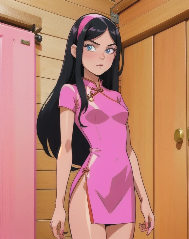 trixie tang,
long black hair,straight hime cut,pink hairband,
blue eyes,big eyes,fair skin,
petite,very young girl, thin,skinny,
masterpiece, best quality, HDR,
wooden cabin interior background,
short sexy pink cheongsam,
